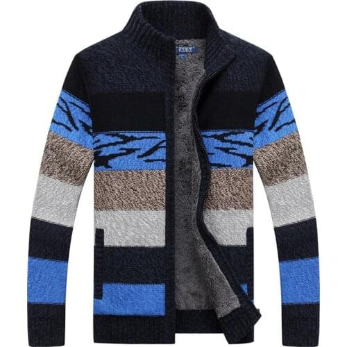 Knitted sweater mens cardigan collar winter plus velvet thick wool sweater fashion cardigan mens sweater coat brand clothing