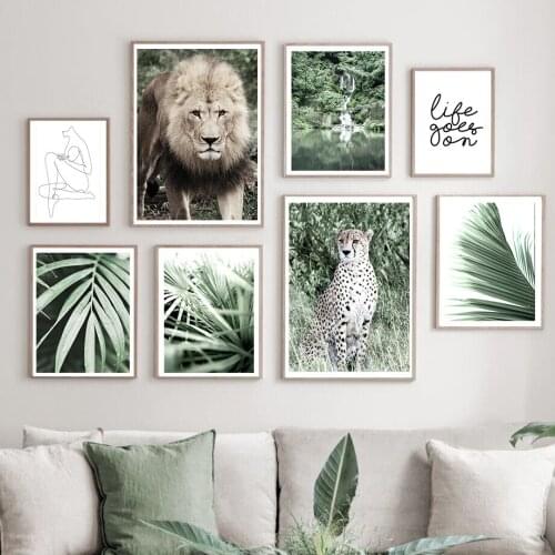 Lion Leopard Green Plant Leaf Palm Lines Wall Art Canvas Painting Nordic Posters And Prints Wall Pictures For Living Room Decor