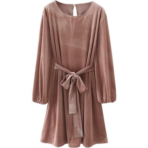 New Women Vogue Velvet Dress with Belt Long Sleeves Bright Line Textured Chic Lady Casual Short Dresses Woman Robe