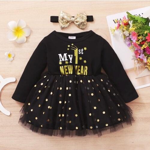 1pc New Year Baby Girl Long-sleeve Cotton Letter Sweet Dress