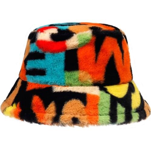 Fashion Rainbow colors Faux Fur Bucket Hat Letter printing Rainbow Tie Dye Warm Fishing Cap Fisherman hats Winter Lady Gifts