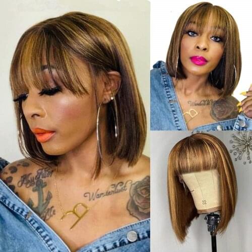 Highlight Short Straight Human Hair Wigs With Bangs 4/27 Honey Blonde Short Remy Human Hair Wig With Bangs Full Machine Wig