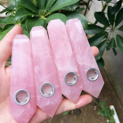 Nature pink rose quartz crystal smoking pipe rieki healing mineral crystals