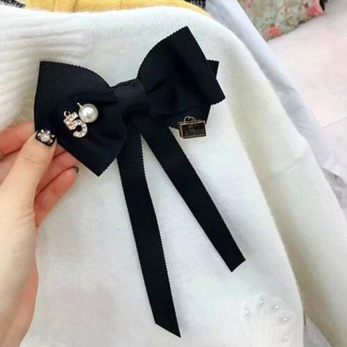 Drop Ship&Wholesale Women Long Ribbon Bow Tie Brooch Number 5 Faux Pearl Lapel Pin Pre-Tied Necktie Nov.20