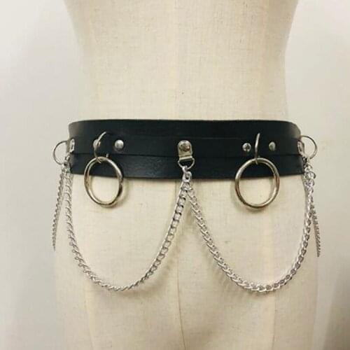 2020 New Punk Gothic Faux Leather Belt Metal Chain Ring Waist Strap Street Dance Decor