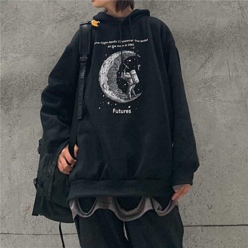 NiceMix Streetwear Loose Oversized Moon Character Letter Graphic Print Sweatshirt Pullover Hoodies Harajuku Winter Korean