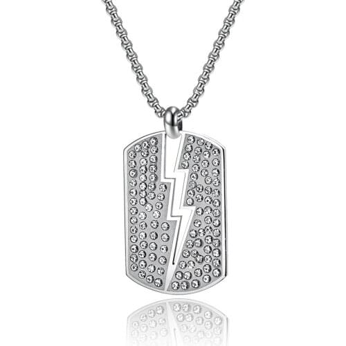 Hiphop Lightning Necklaces Dog Tag Pendant Stainless Steel Cubic Zirconia Necklace for Men Punk Fashion Jewelry 24'' Chain
