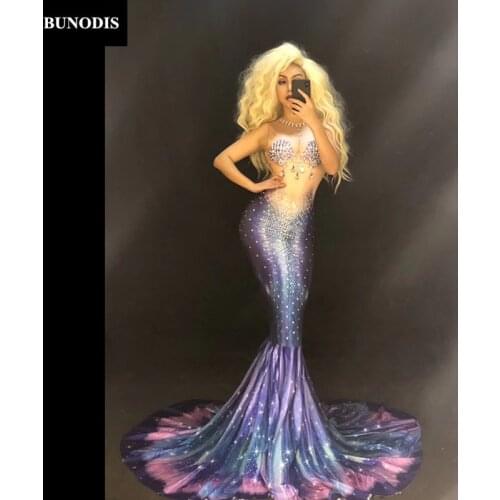 ZD427 Women Sexy Violet Mermaid Long Skirt Sleeveless Sparkling Crystals Nightclub Party Stage Wear Singer Dancer Bling Costumes