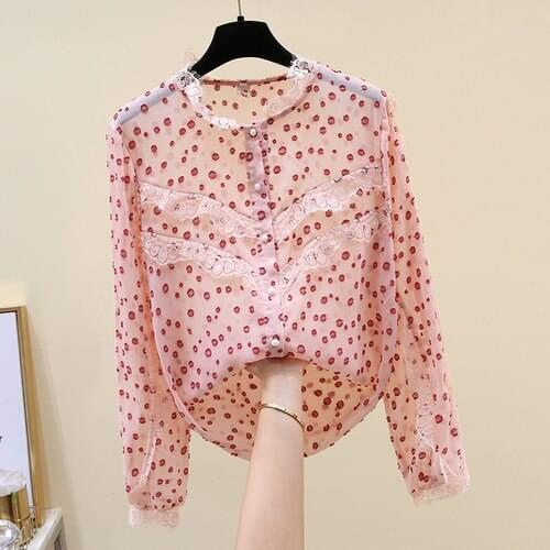2021 Spring Autumn New Lace Ruffled Stand Collar Chiffon Shirt Womens Long Sleeve Pink Polka Dot Blouse Girls Ladys Tops