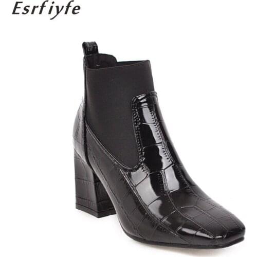 ESRFIYFE 2020 New Arrival Women High Heels Ankle Boots PU Leather Women Boots Elastic Band Short Boots Black White Winter Boots