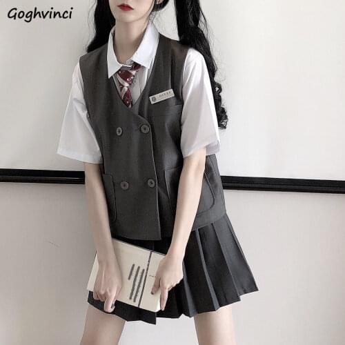 Women Sets Pleated Skirt Mini Solid Long Sleeve Shirts Vest Preppy Style for Students JK Cute Girls Students High Street Ulzzang