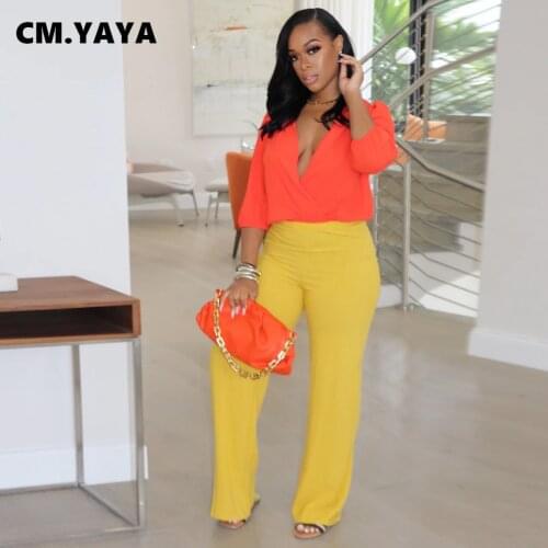 CM.YAYA Women Two 2 Piece Set Outfit Elegant INS Blouses Shirt Top and Straight Pants Matching Set Office Lady Vintage Tracksuit
