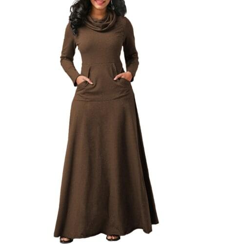 New Turtle Scarf Neck Dress Tall Women Floor Length Long Maxi Dresses Big Swing Pockets Dress Slim Long Sleeve Winter Vestido