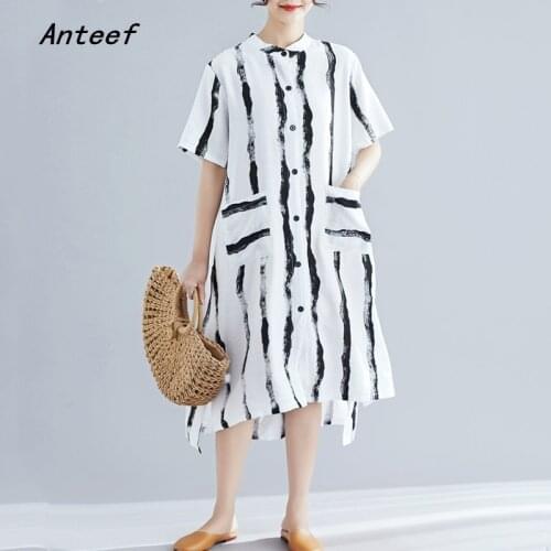 Short sleeve cotton linen vintage stripe women casual loose long summer shirt dress elegant clothes 2021 ladies dresses sundress