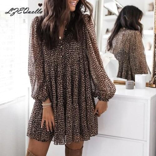 LZEQuella Women Lantern Sleeve V Neck Leopard Print Loose Chiffon Dress Casual High Waist Button Pleated Party Vestidos NZ3597