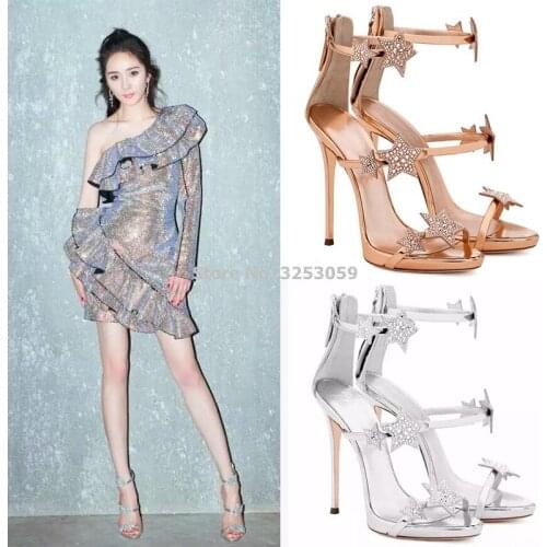 ALMUDENA Celebrity Style T Stage Crystal Sandals Gold Silver Black Stars Glittering Rhinestone Stiletto Heels Pump Wedding Shoes