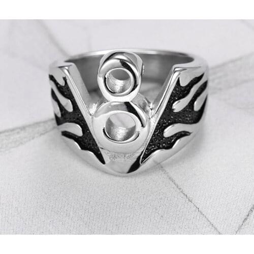 Free Shipping Punk 316L Stainless Steel Number Biker Ring Black Silver color Flame Style V 8 Engine Motor Ring Jewelry