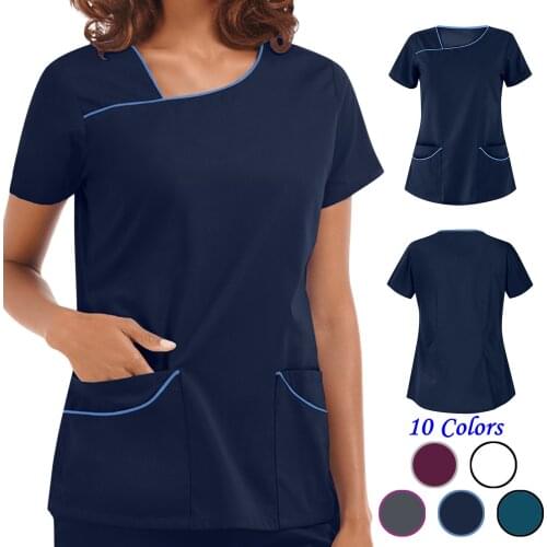 Plus Size Women Nurse Uniform 2021 Fashion Solid Color Short Sleeve V-Neck Pocket Care Workers T-Shirt Female Summer Clinic Tops