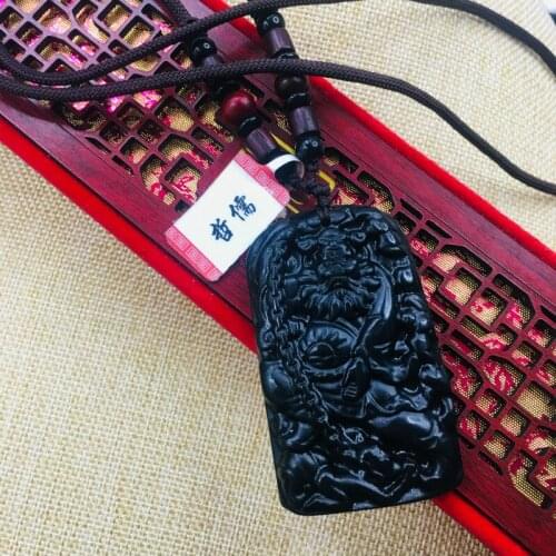 Natural Hetian Black Jade Hand-carved black good luck mage pendant necklace Men and women sweater chain