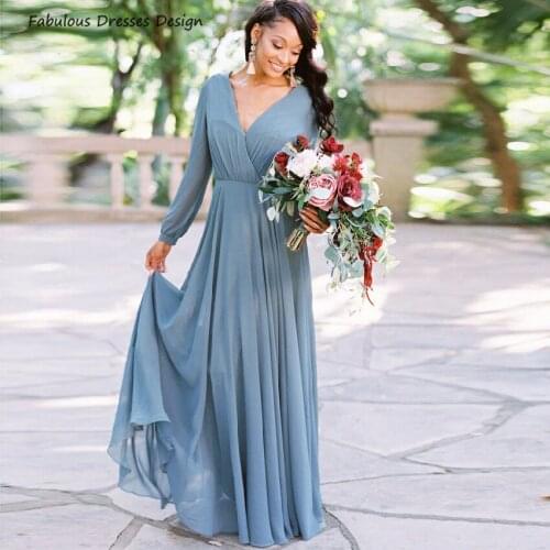 Formal Long Sleeve Prom Dresses 2021 V Neck Backless Chiffon A Line Long Evening Dress Party For Women فساتين السهرة