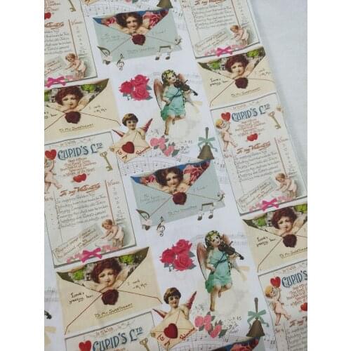 Cotton Fabric To my Valentine Angel Cupids Letter Music Notes Violin Love Rose Ltd Greeting Quilting Sewing Dress Home Decro