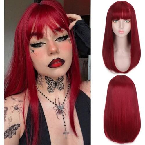 HOUYAN long straight hair plum red pink purple and black two colors bangs wig womens synthetic bangs wig high temperatur