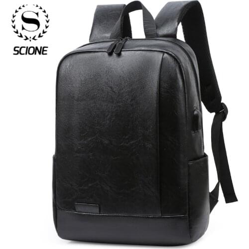 Scione Mens Backpack PU Leather Waterproof USB Charging Lightness Black Back Bags Laptop Travel School Outdoor Bagpacks Man