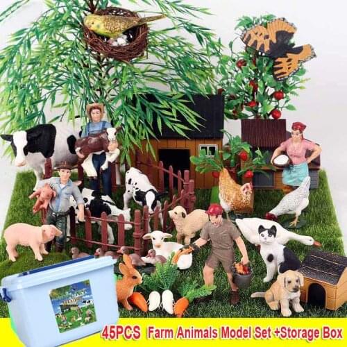 32/45pcs Farm Animals Toy Set with Storage Box Cow Lamb Chicken Ducks Poultry Model Toy Figurines Toys for Children