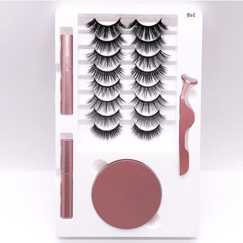 Magnetic iron stone false eyelashes, liquid eyeliner set with round box and tweezers free of glue