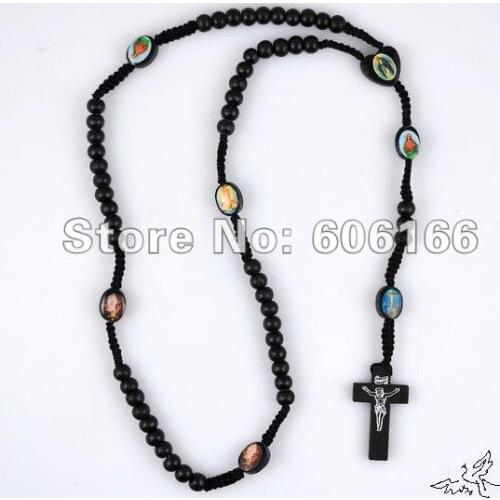 Wholesale 48pc/lot Black Wooden Rosary Beads Necklace Jesus Cross Pendant Necklaces Wood Religious Cross Jewelry