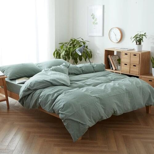 100% washed cotton bed sheets light green solid color bedding set 3/4pc single 120cm queen 150cm fitted sheet king duvet covers