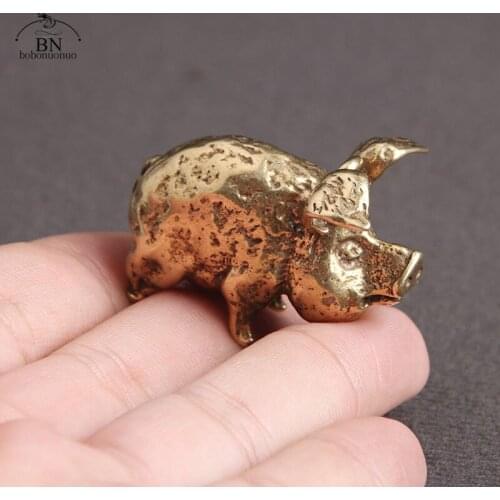 Retro Copper Chinese 12 Zodiac Flying Pig Statue Home Decoration Antique Brass Lucky Animal Figurines Small Table Desk Ornaments