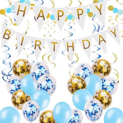 Boys Girls Blue Birthday Set Party Decorations Happy Birthday Flag Confetti Balloon Spiral Charm Paper Graland Party Supplies