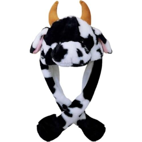 LED Light Up Plush Animal Hat with Jumping Ears Cartoon Cow Stuffed Earflap Cap