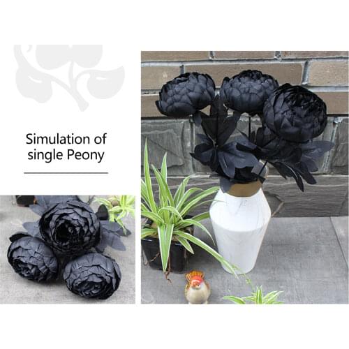 Vintage Elegant Black Artificial Single Peony Branches Fake Flowers Plastic Wedding Bouquet Home Party Decoration