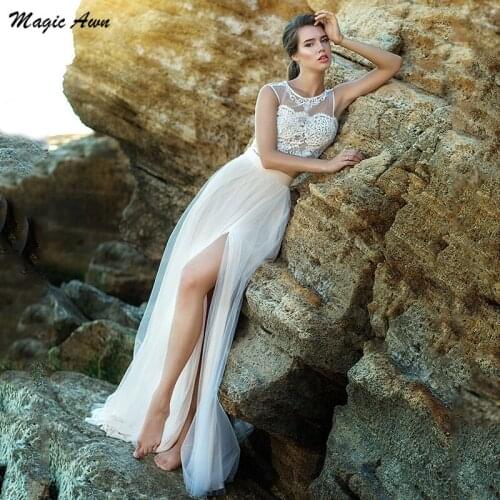 Magic Awn Lace Tulle Two Pieces Beach Wedding Dresses 2021 Appliques Illusion Simple Boho Mariage Gowns Customized Vestidos Boda