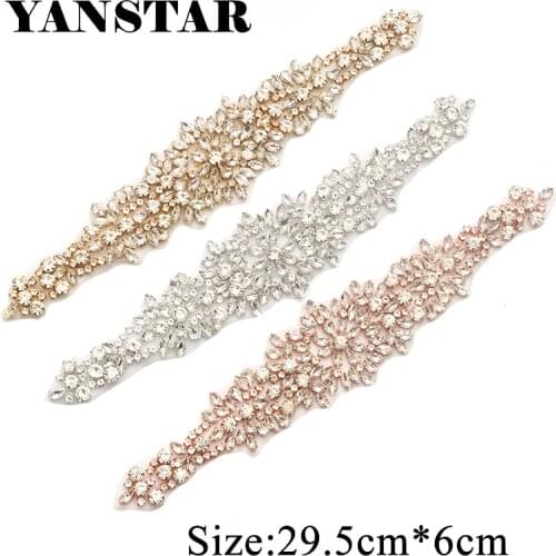 YANSTAR 1PCS Handmade Rhinestone Appliques Sew On For Wedding Dress Belt Iron On For Bridal Gowns Sash Y898