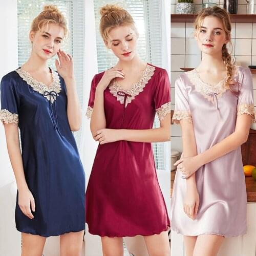 Women Sexy Short Lace Nightwear Satin Silk Sleepwear Short Sleeve Sleepshirts Pink Nightdress Lingerie Night Wear Dress Gown