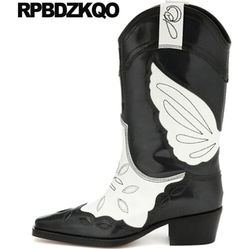 Embroidered high quality western boots cowboy patent leather chunky shoes embroidery women black square toe cowgirl slip on heel