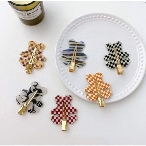 1 Pc 2021 Summer Korean Ins New Girls Hair Clips Acetate Little Bear Grid Edge Clip Hair Accessories For Women Fashion Hairpins