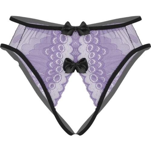 Womens Hollow Out Crotchless Underwear Bowknot Decor Open Butt Thongs Transparent Floral Lace Underpants Sexy Lingerie Briefs