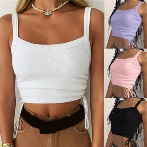 2021 Cropped Tops Bandage Tank Tops Solid White Lace Up Vintage 90s Tops Streetwear Simple Style Ruched Tee Clothes