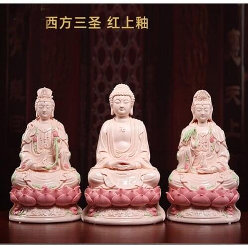 3PCS High grade Porcelain XI FANG SAN SHENG Buddha statue Amitabha Guanyin Mahasthamaprapta HOME shrine Efficacious protection