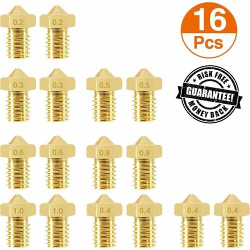 3D Printer Nozzles 16 PCS M6 3D Printer 0.2mm 0.3mm 0.4mm 0.5mm 0.6mm 0.8mm 1.0mm Extruder Brass Nozzle Print Head for E3D V5 V6