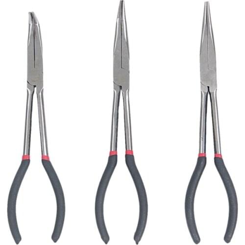 3X 11 inch EXTRA LONG NOSE PLIERS SET STRAIGHT & BENT TIP MECHANIC GRIP HAND TOOL