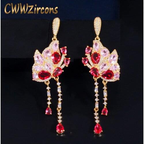 CWWZircons Shiny Red Pink Cubic Zirconia Stone Butterfly Shape Dangle Long Tassel Drop Party Earrings for Women Jewelry CZ761