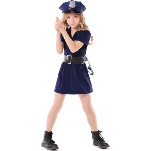 Blue Girls Policewoman Cosplay Kids Children Halloween Police Costume Carnival Purim Stage Show Masquerade Role Play Party Dress