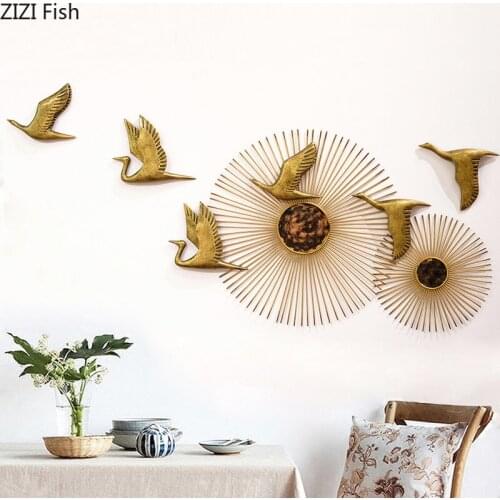 European Dark Gold Big Goose Wall Decoration Metal Round Sun Flower Pendant Home Living Room Background Wall Hanging Decoration