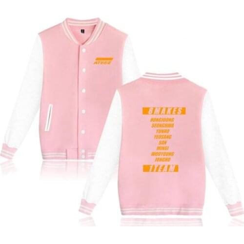 KPOP ATEEZ Baseball Uniform Jacket Coat Men Women Streetwear Harajuku Sweatshirts Winter Fashion Hip Hop Pink Hoodie Outwear