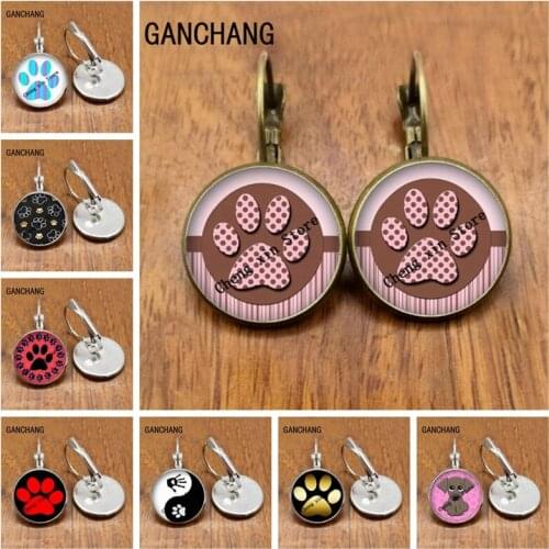 Cartoon pet paw footprint round glass convex round animal dog cat paw pattern earrings, cute earrings